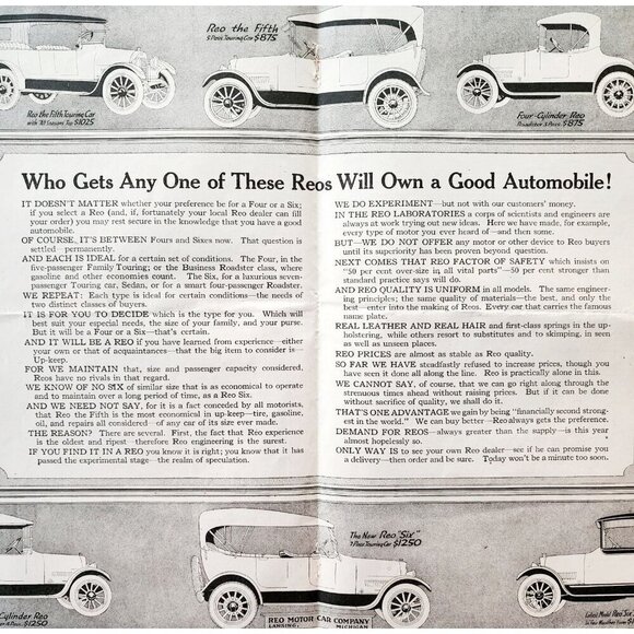 1917 Reo Motor Cars 4 & 6 Centerfold Advertisement WW1 Era Automobilia DWII30 - Picture 1 of 2